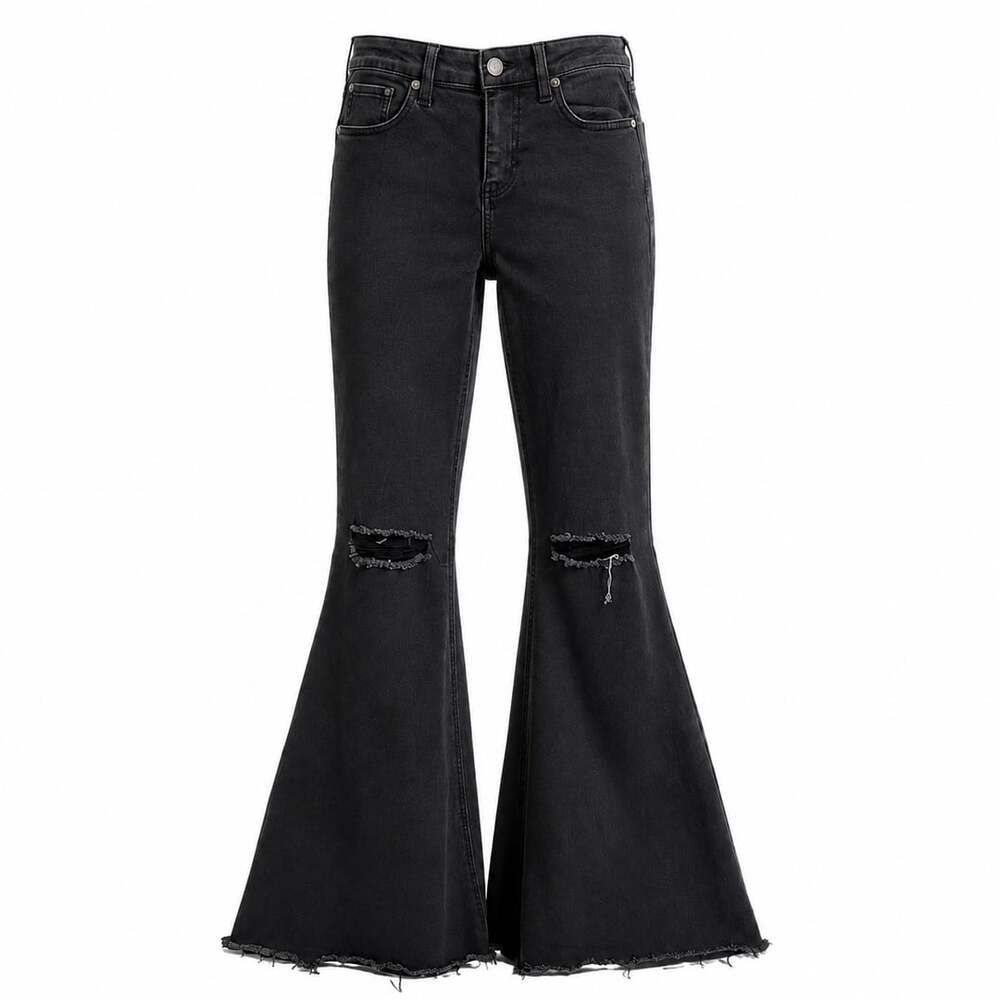 Shyanne Black Distressed High-Rise Bell Bottom Jeans, Size 28W x 34L. Hippie